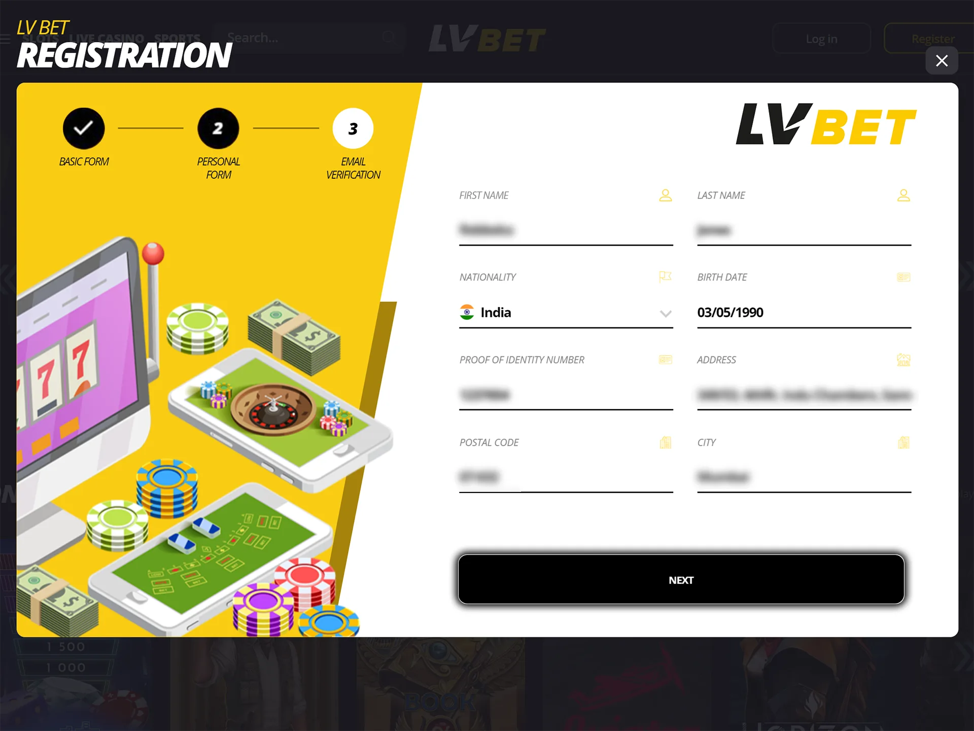 Сheck the information entered and proceed to the next step of LV Bet registration.