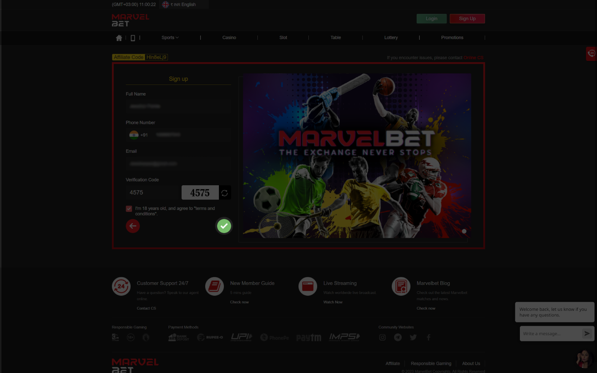 Confirm the correctness of the data and go on to Marvelbet.