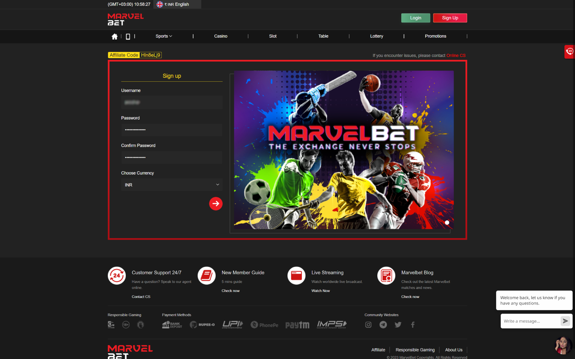 Fill in the fields with your data for registration on Marvelbet.