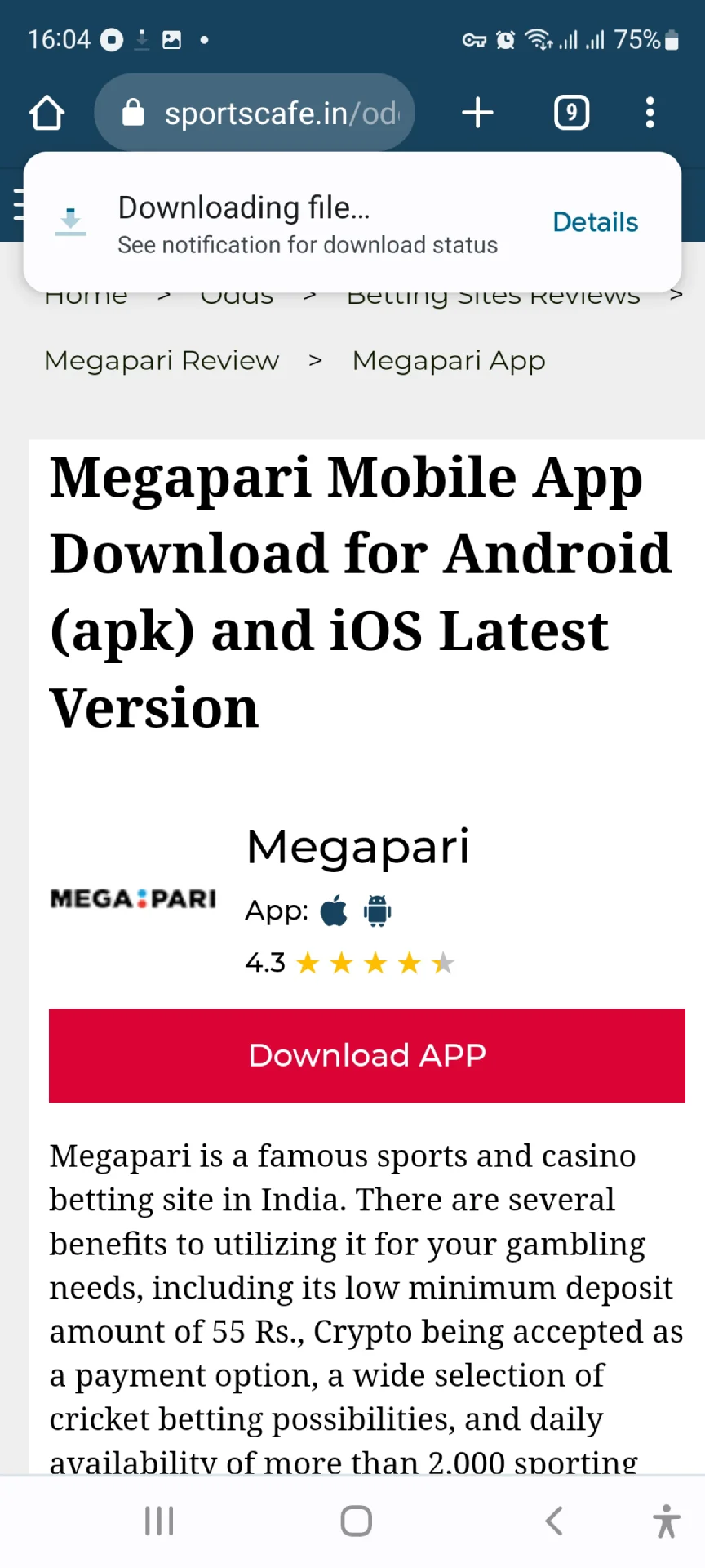Check your security settings to install the Megapari app.