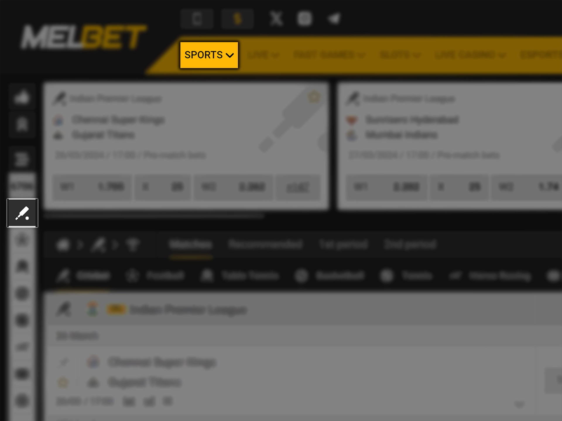Select cricket in the Melbet sports betting section.