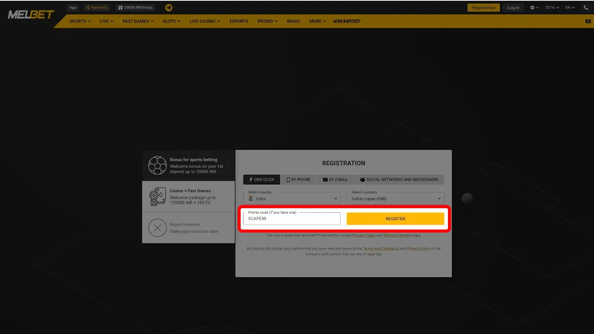 Enter a promo code in the registration window on Melbet and create an account.