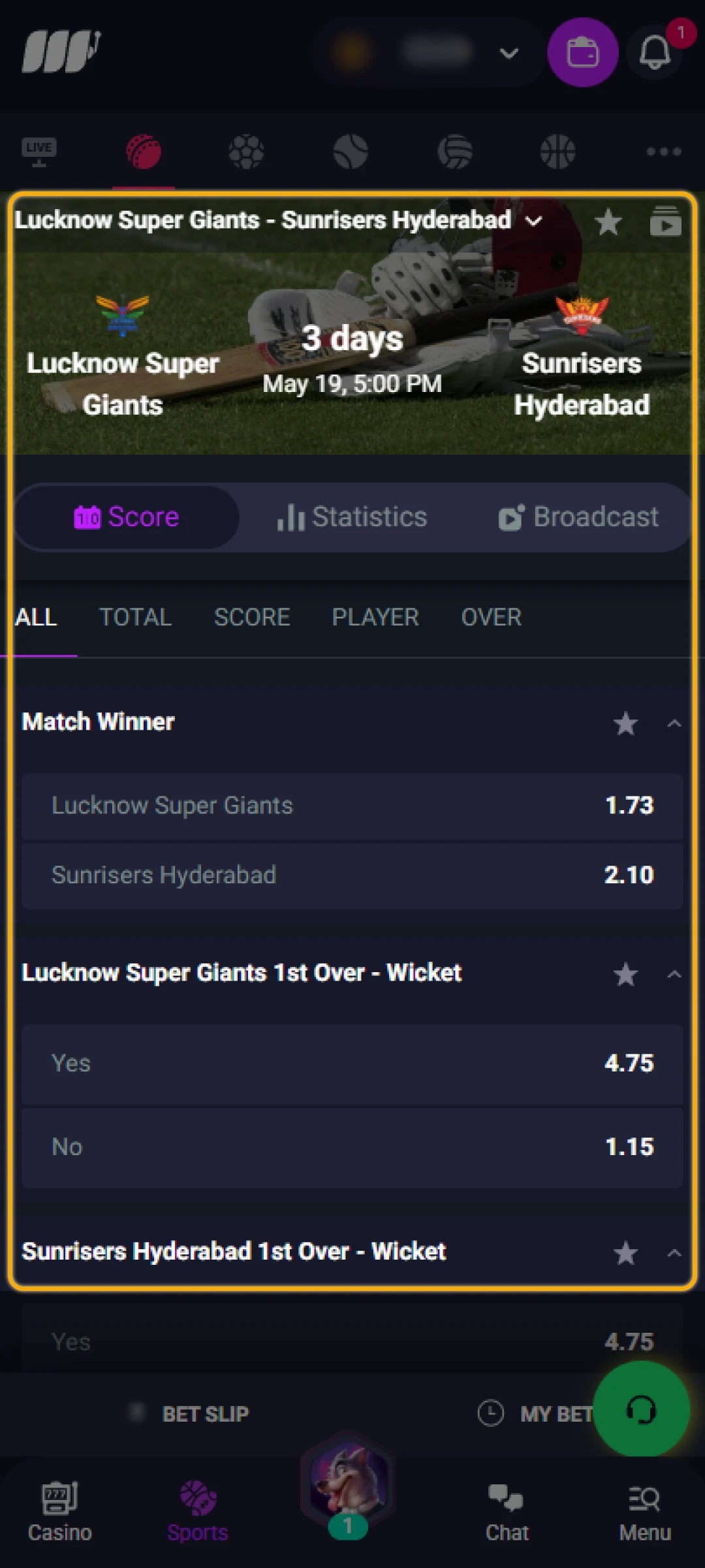 Pick your outcome, check the odds, and confirm the wager.