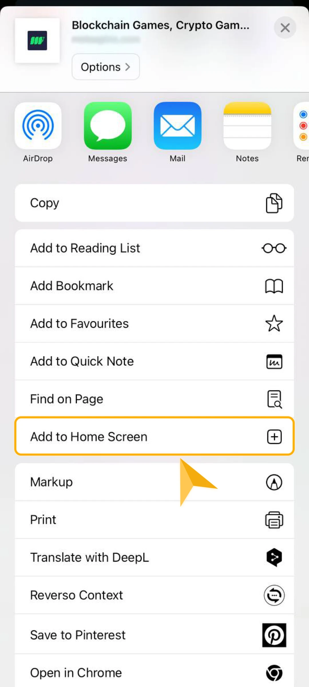 From the menu that appears, choose the "Add to Home Screen" option.