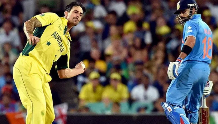 Mitchell Johnson celebrates after dismissing Virat Kohli in the 2015 ODI World Cup Semi-Finals.