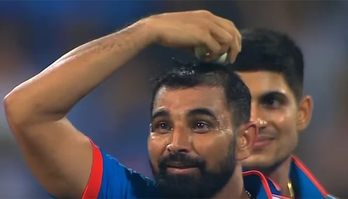 Mohammad Shami making a funny reaction after taking a wicket.