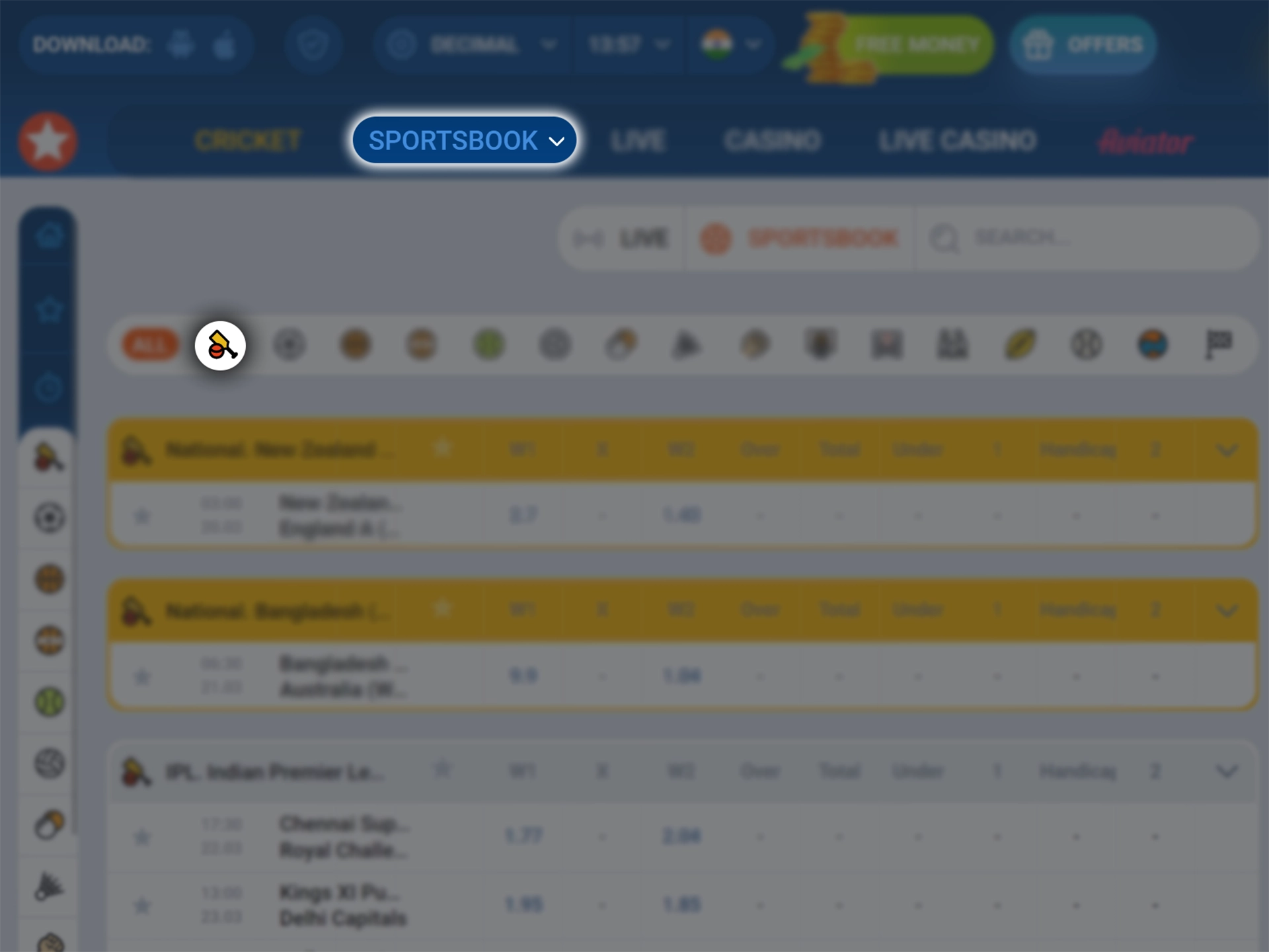 Find cricket in the Mostbet sports betting section.