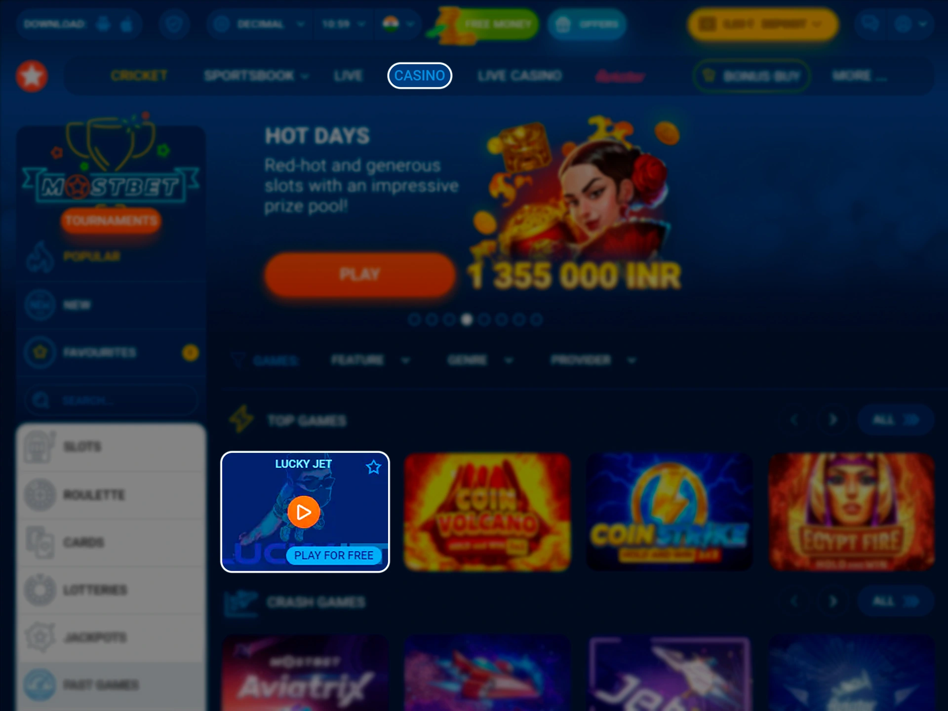 Find the Lucky Jet game in the MostBet casino section.