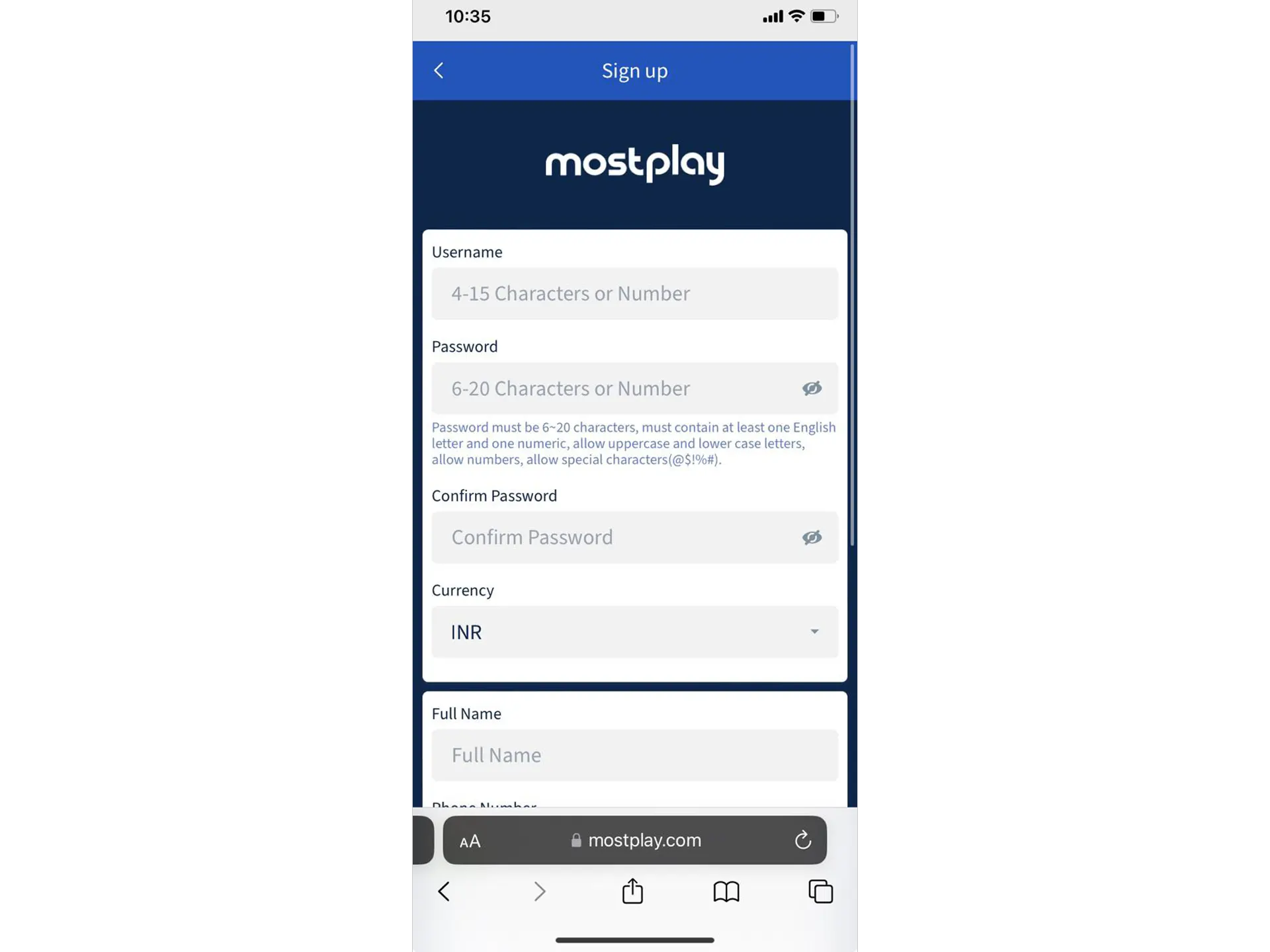 Sign up for MostPlay using your mobile device.