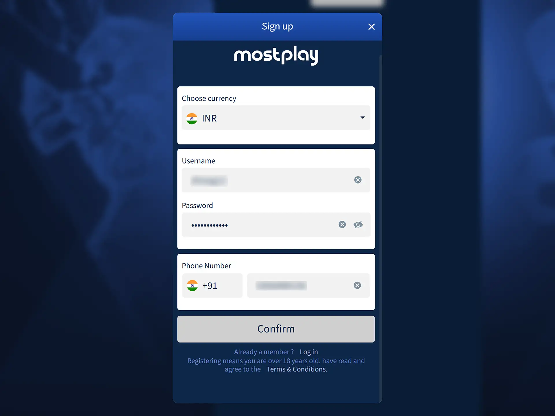 Fill in your MostPlay registration details.