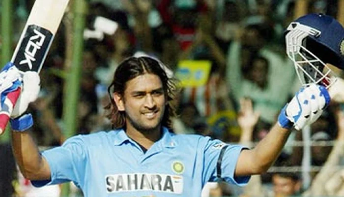 MS Dhoni celebrating his first ODI century.