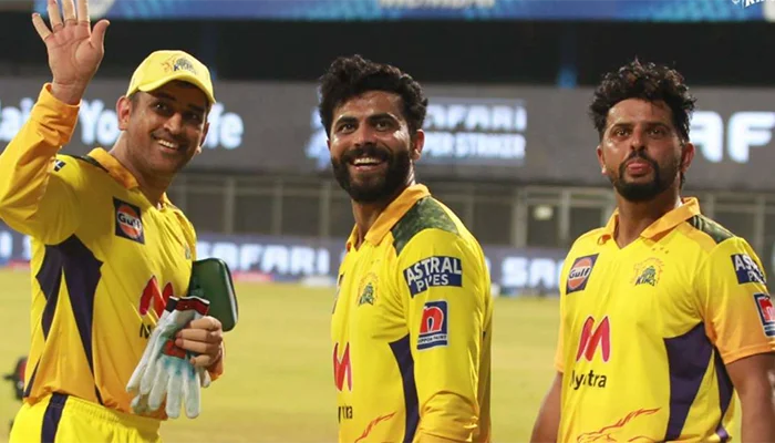 MS Dhoni, Ravindra Jadeja and Suresh Raina in CSK Jersey.