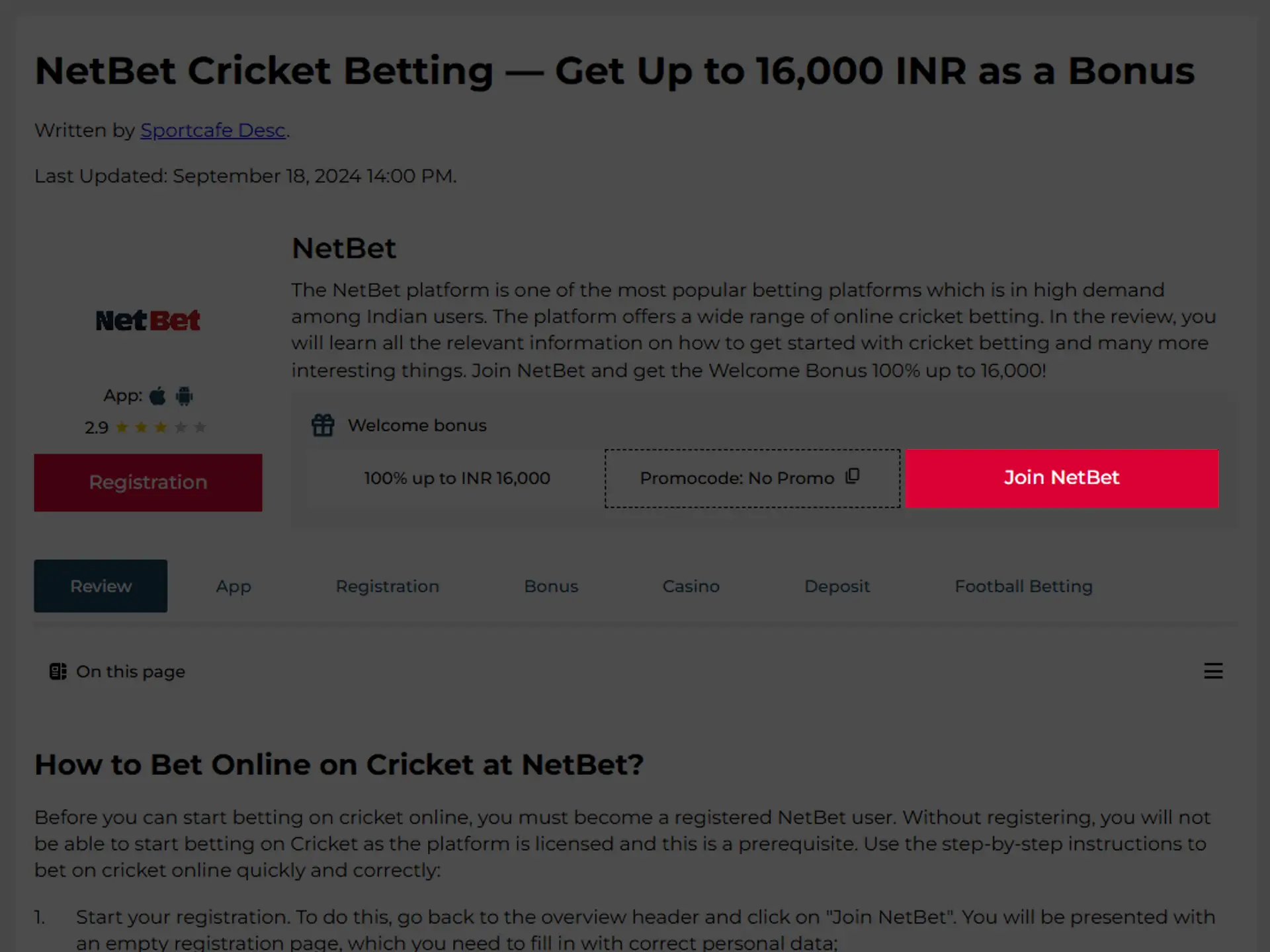 Register on the NetBet website.