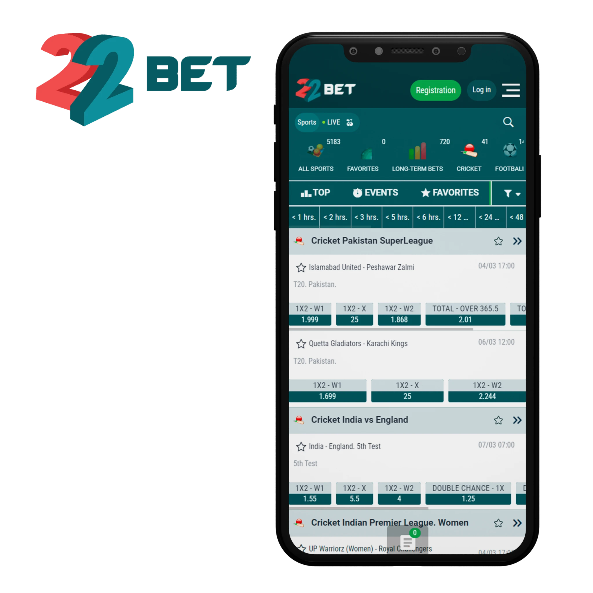 22bet app offers an enormous amont of cricket events to bet on.