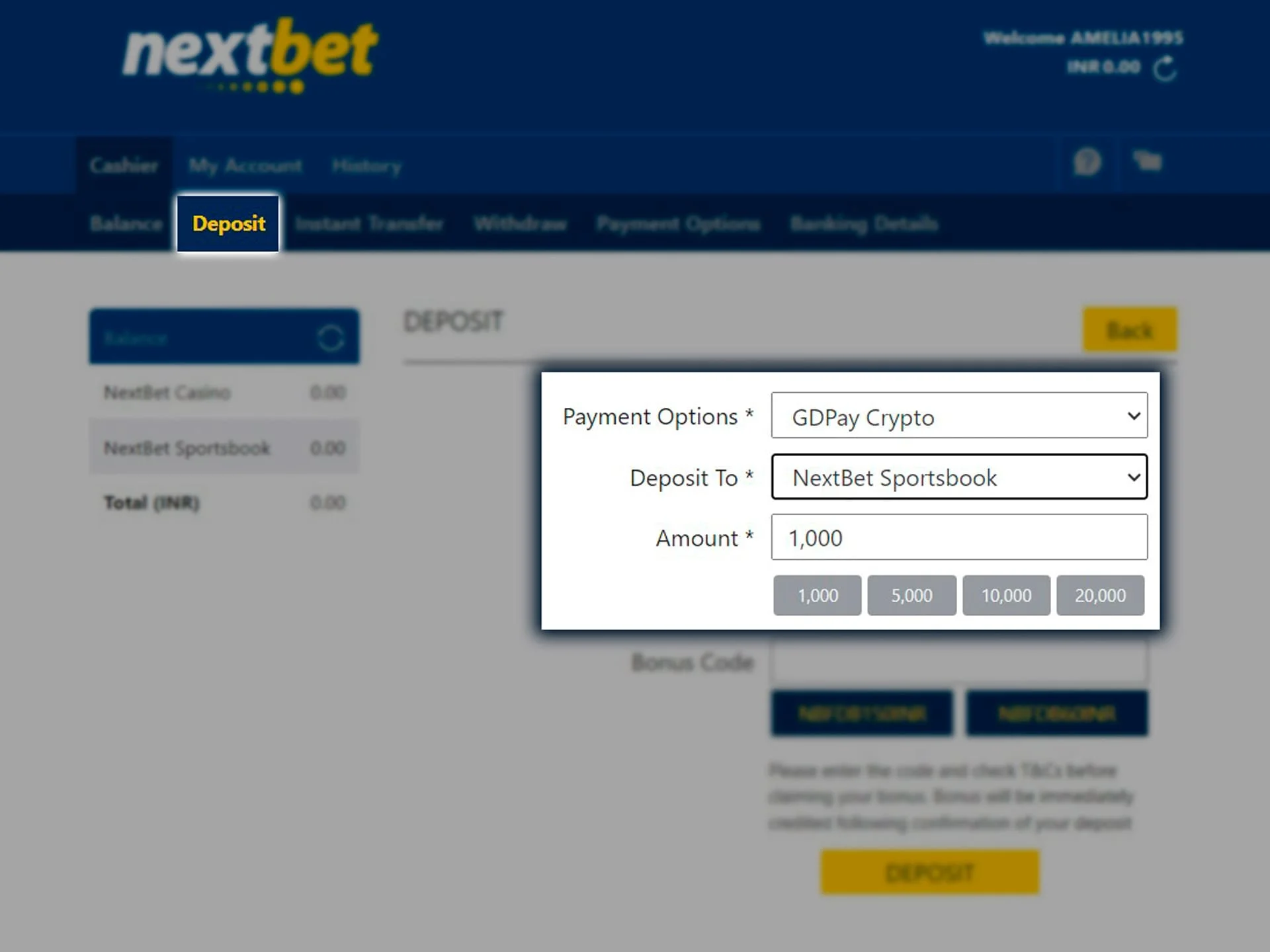 Fund your Nextbet account in the deposit section.