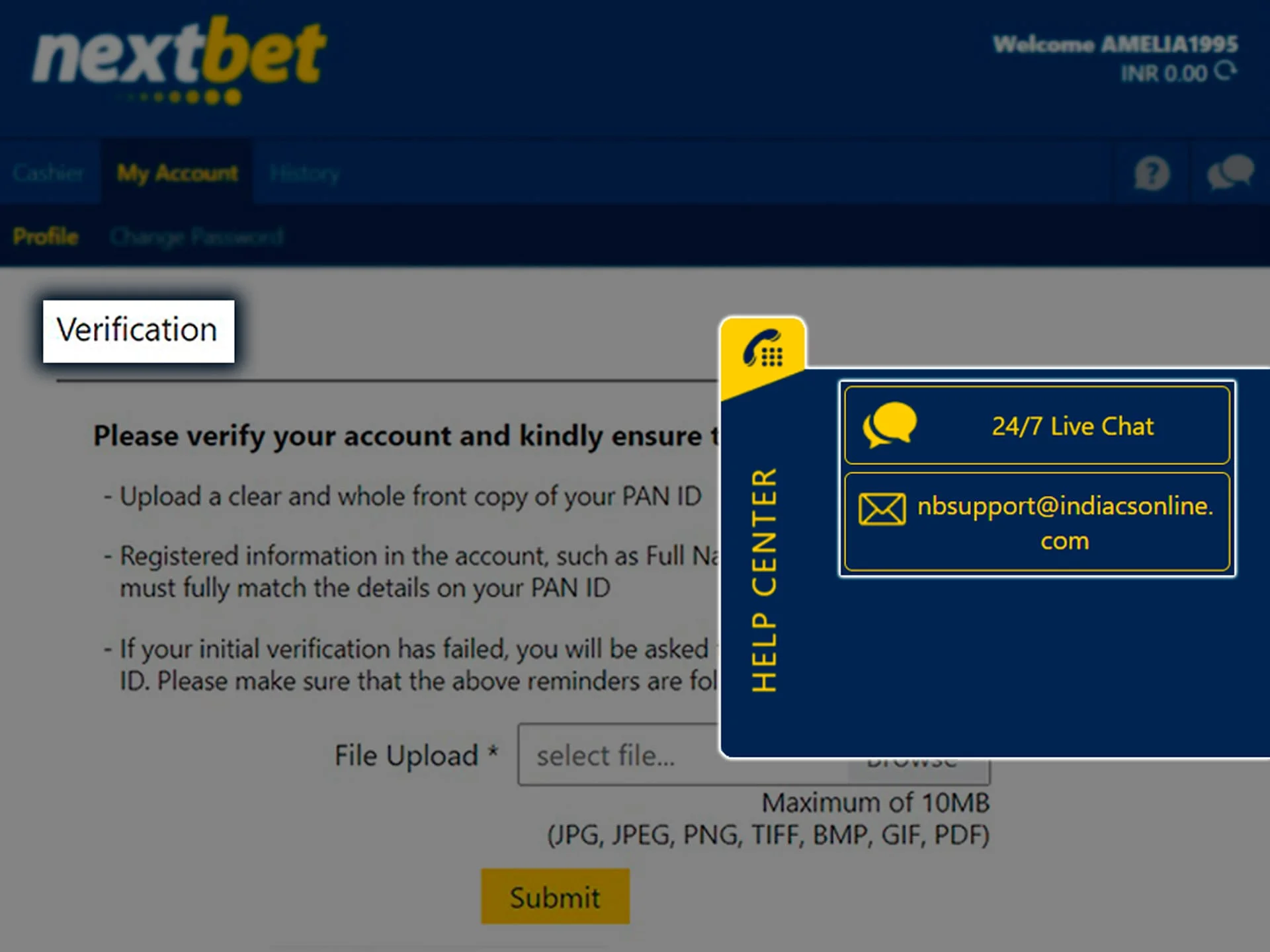 Verify your Nextbet profile to access the deposit option.