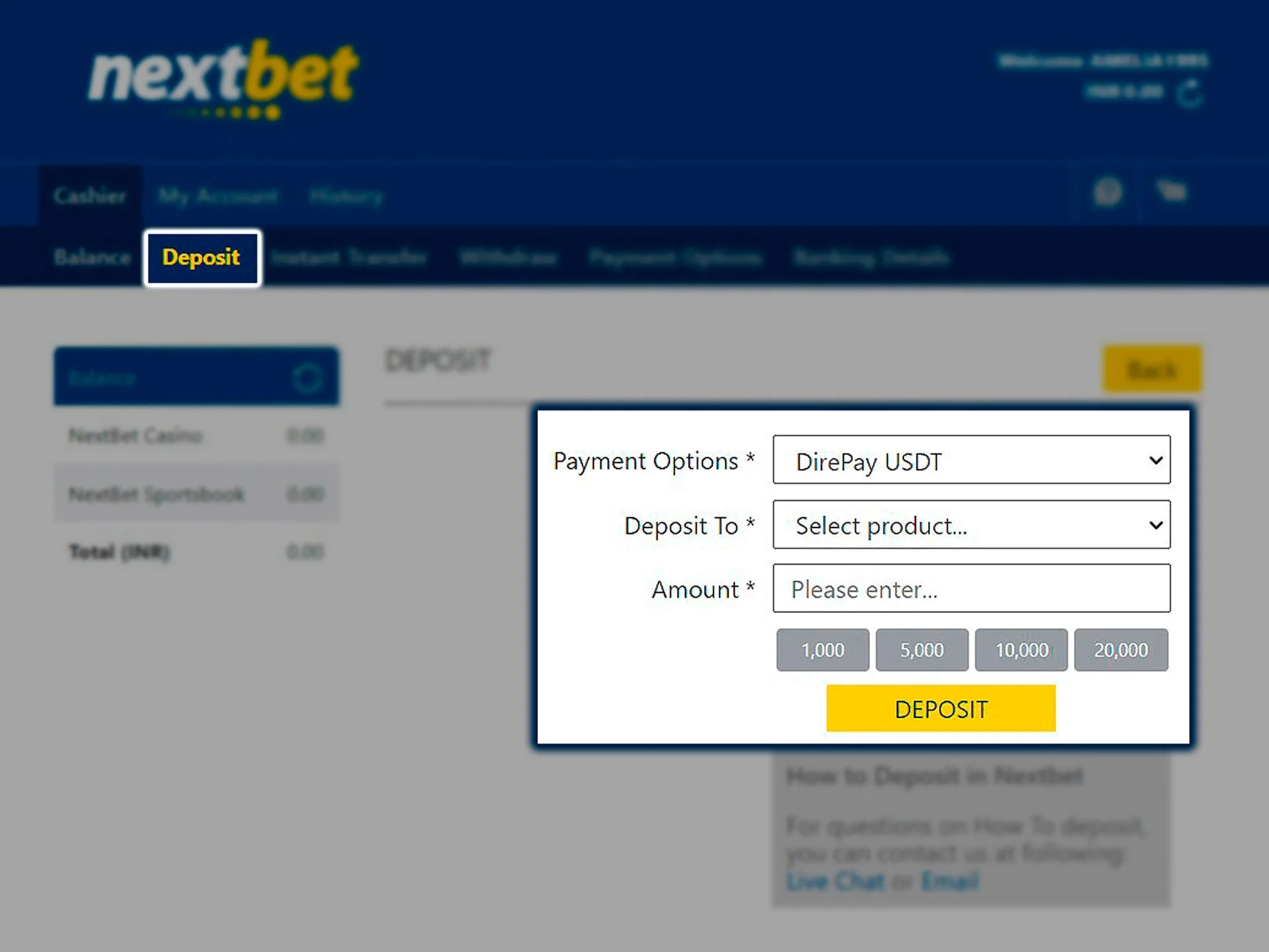 Use one of the available Nextbet deposit methods and make your first deposit.