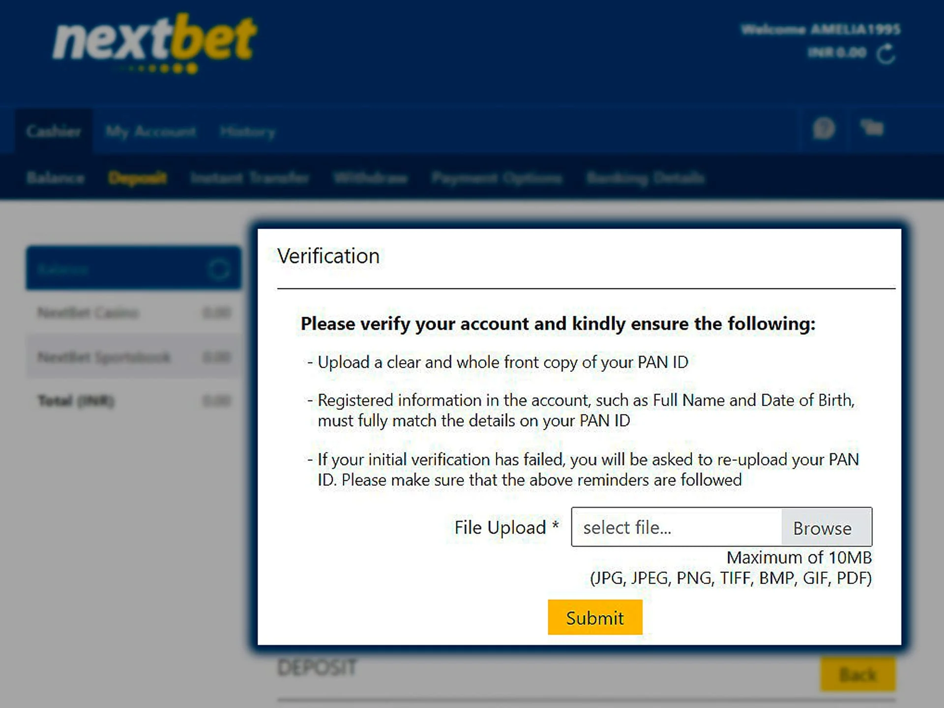 Provide the Nextbet platform with your identity document to verify your profile.