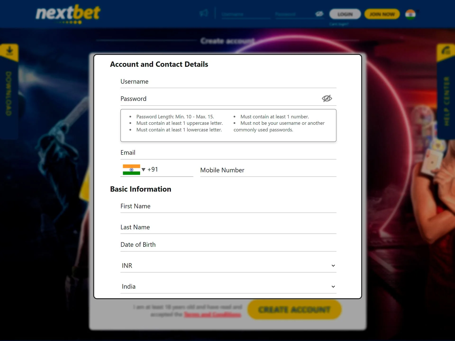 Come up with a login and password for your Nextbet account and provide personal and contact information.