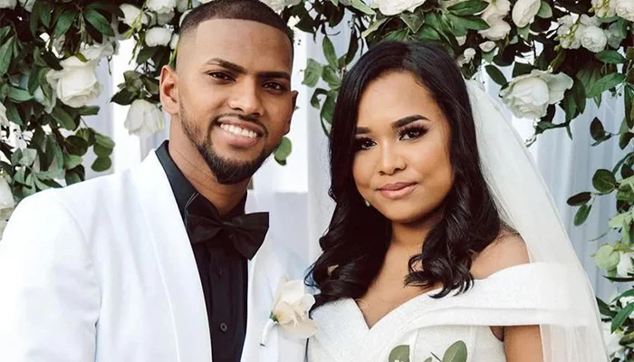 Nicholas Pooran at his wedding ceremony with his wife, Katrina Miguel.