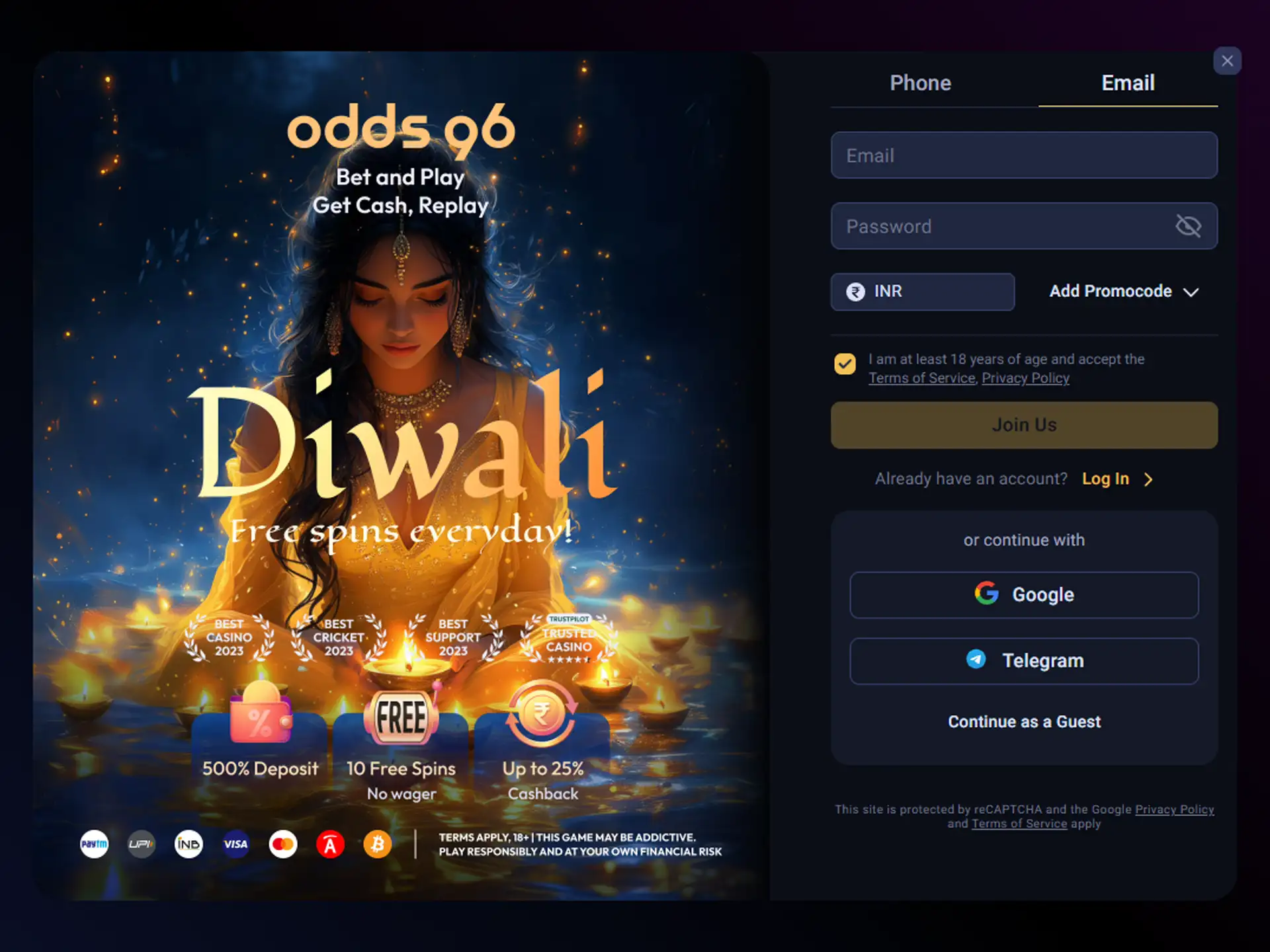 Start the registration process on Odds96.