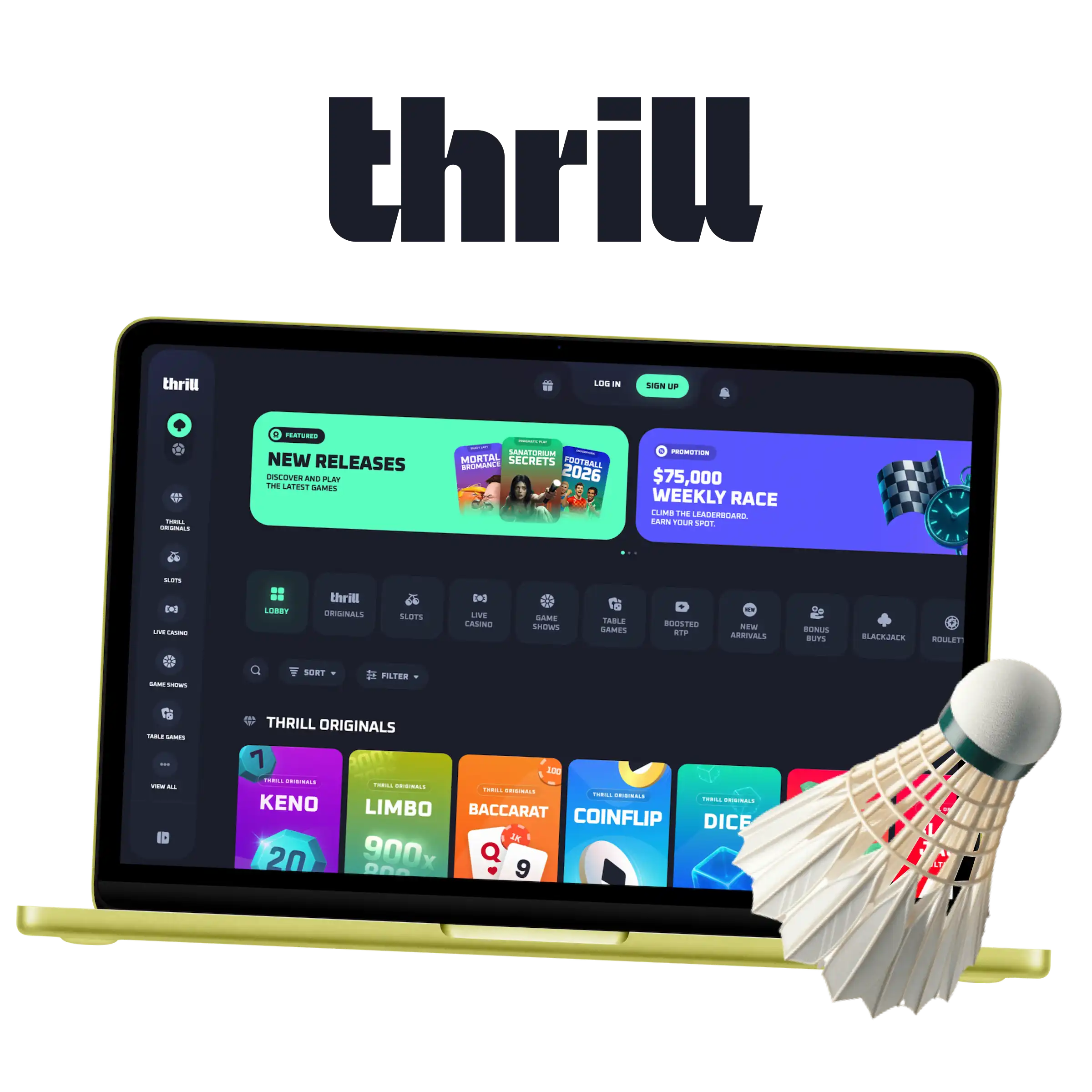 Online badminton betting interface on a laptop screen via the Thrill sports platform.