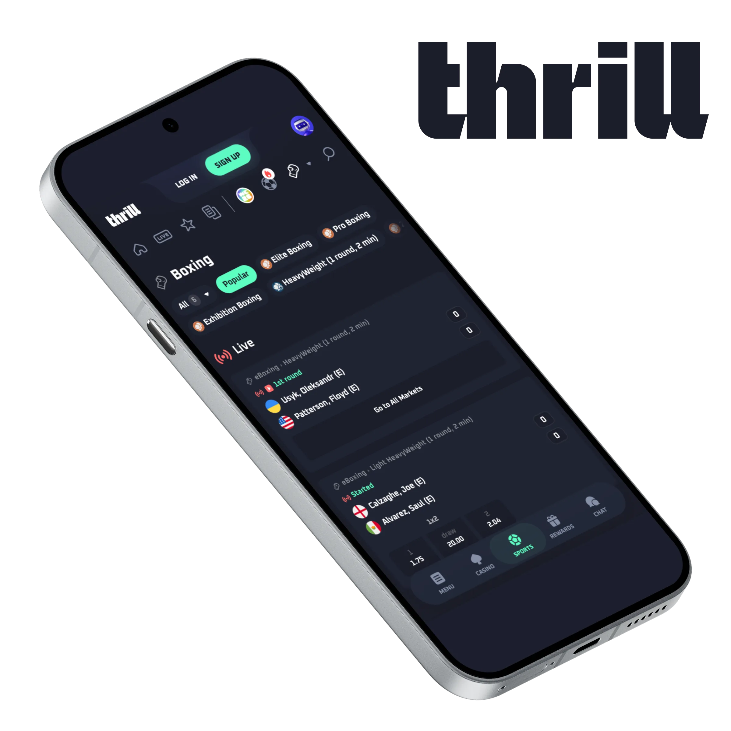 Boxing betting options on the Thrill mobile sportsbook app.
