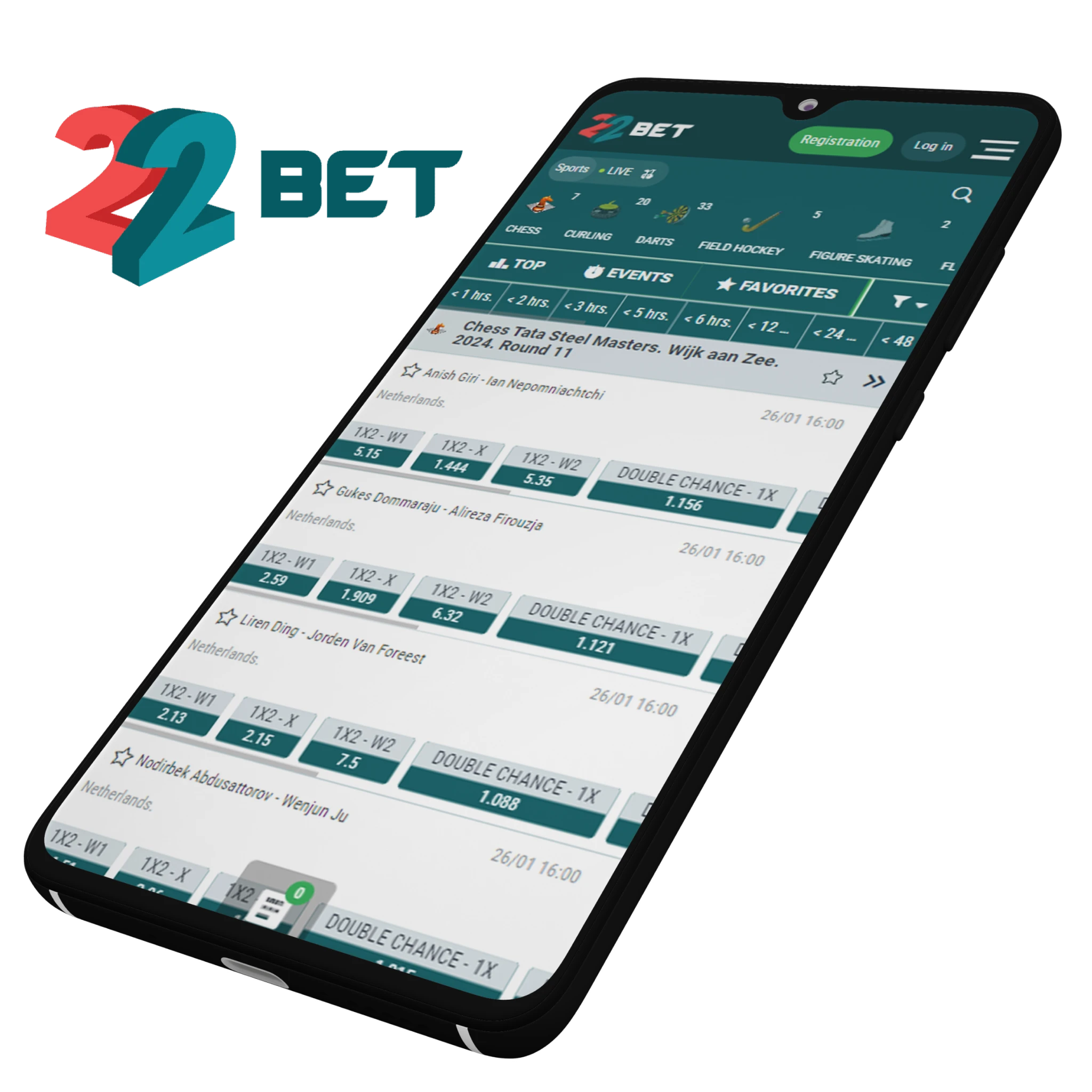 22bet mobile app has the highest welcome bonuses for chess betting.