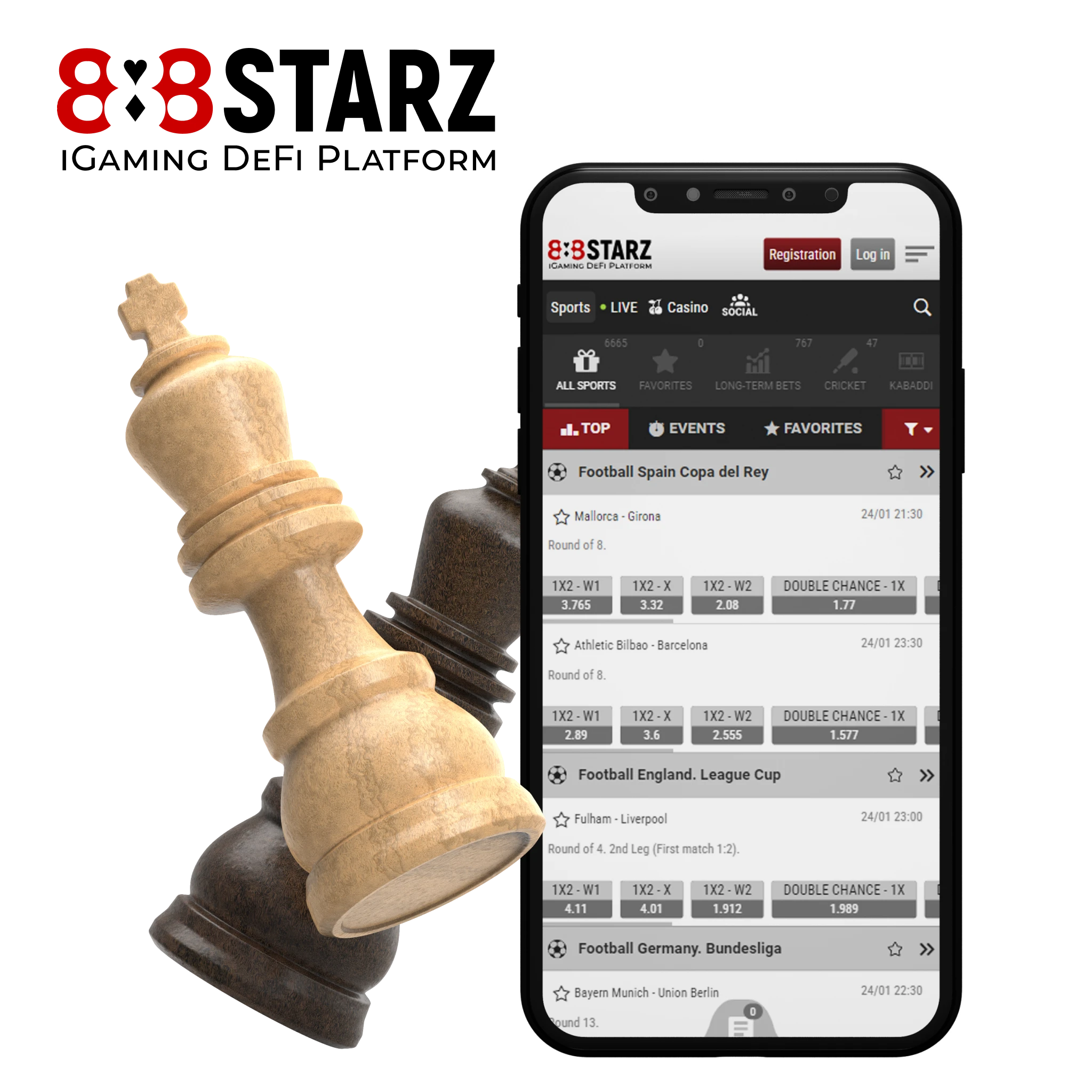 Place bets on chess games in 888starz app.