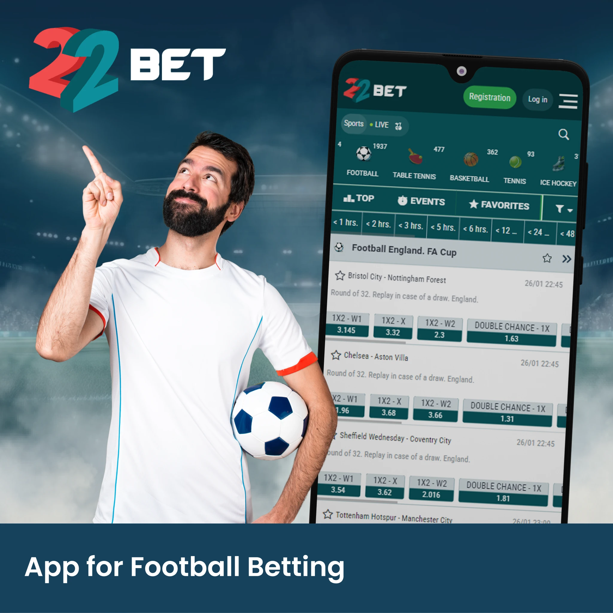 22bet application has a clear functionality for football betting.