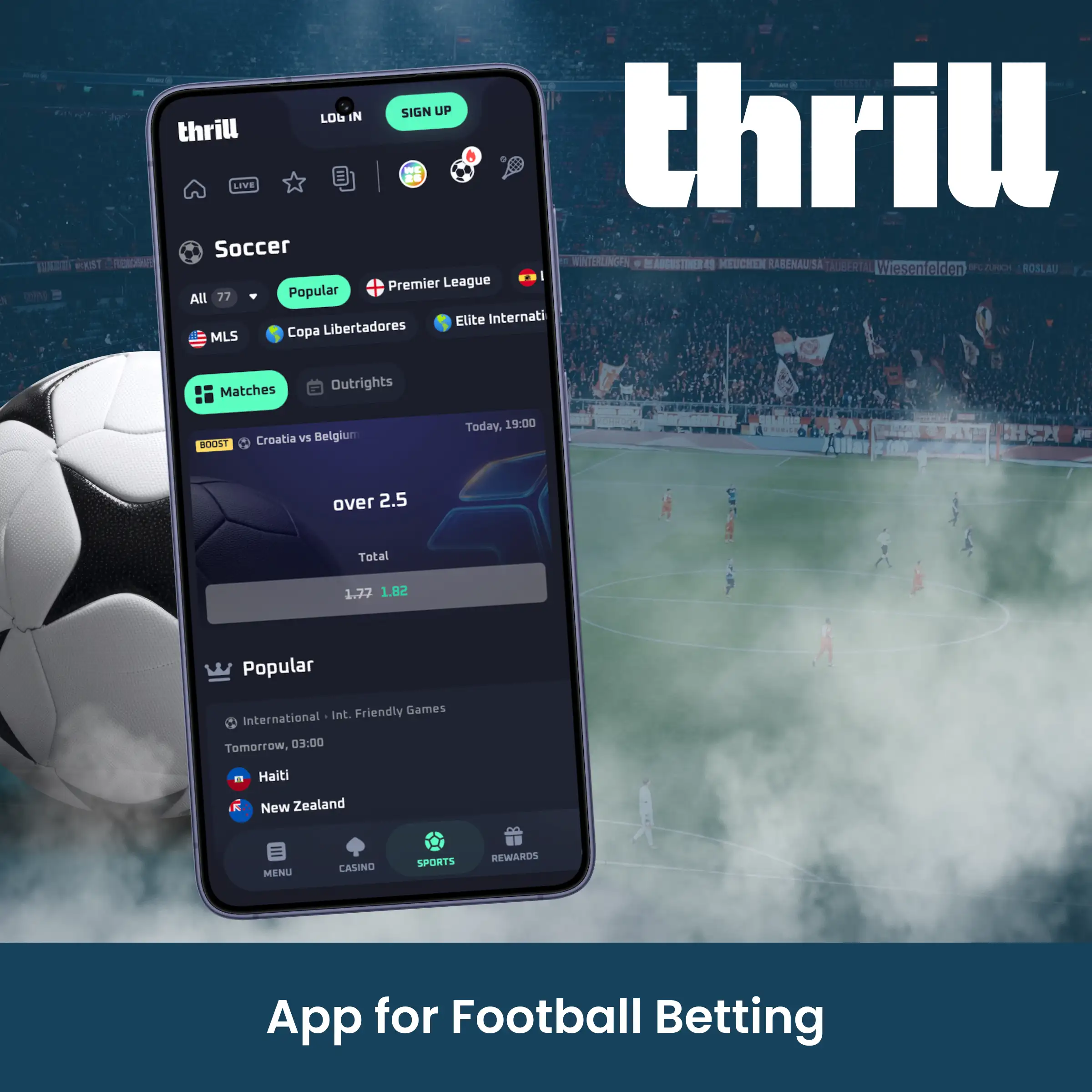 Smartphone displaying the Thrill football online betting application.