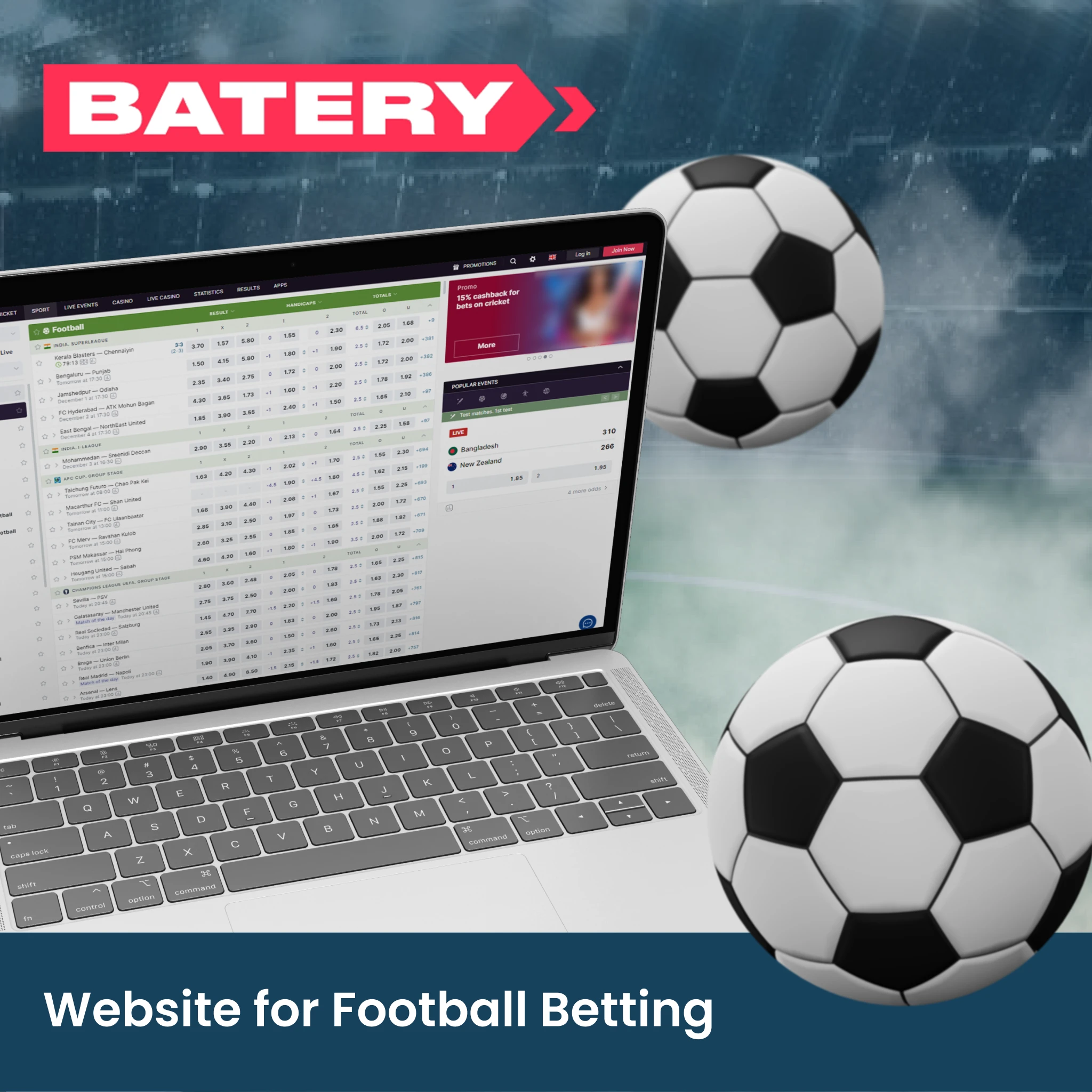 You can place bets on the football championships on the Batery website.