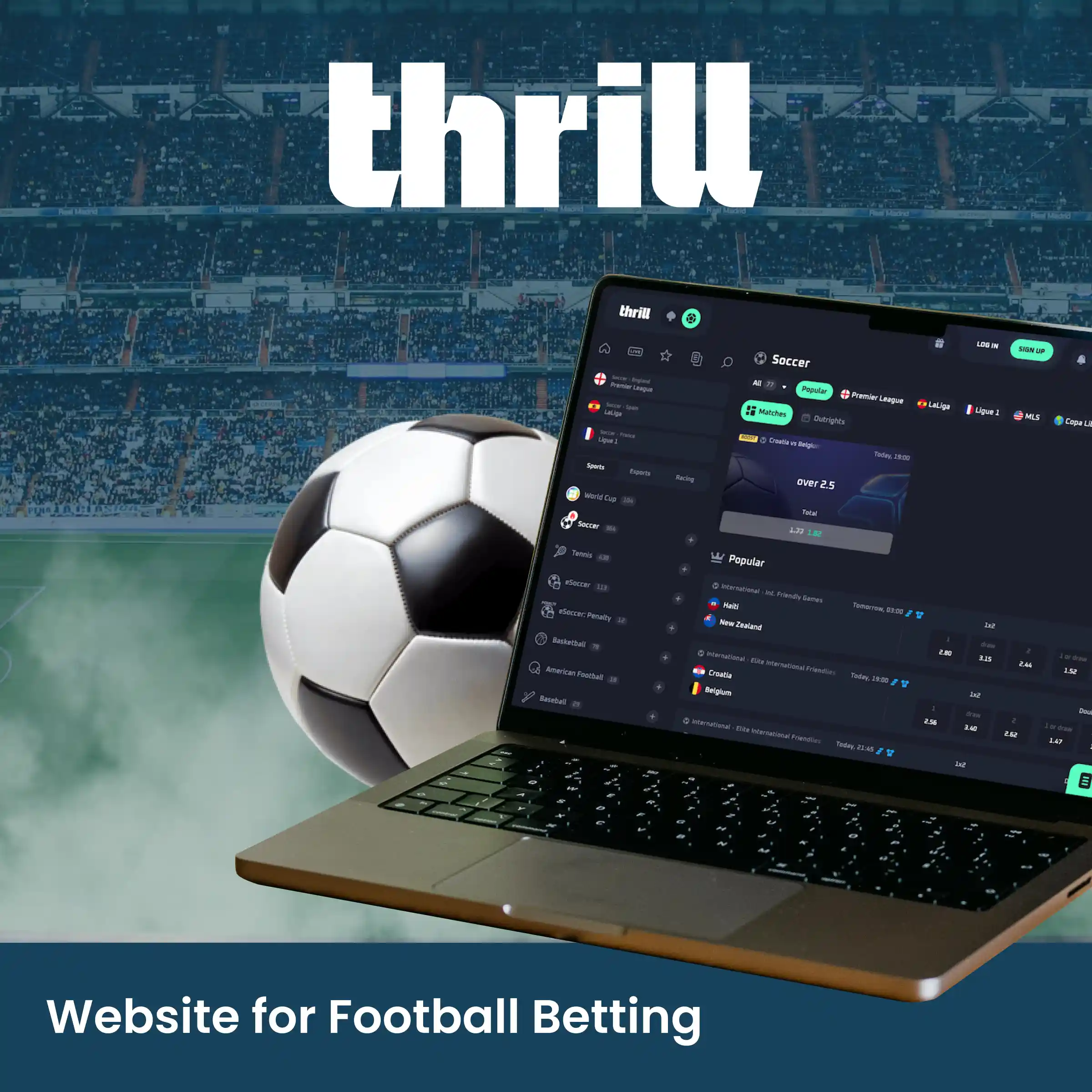 Laptop screen showing Thrill football online betting features with a sports stadium background.