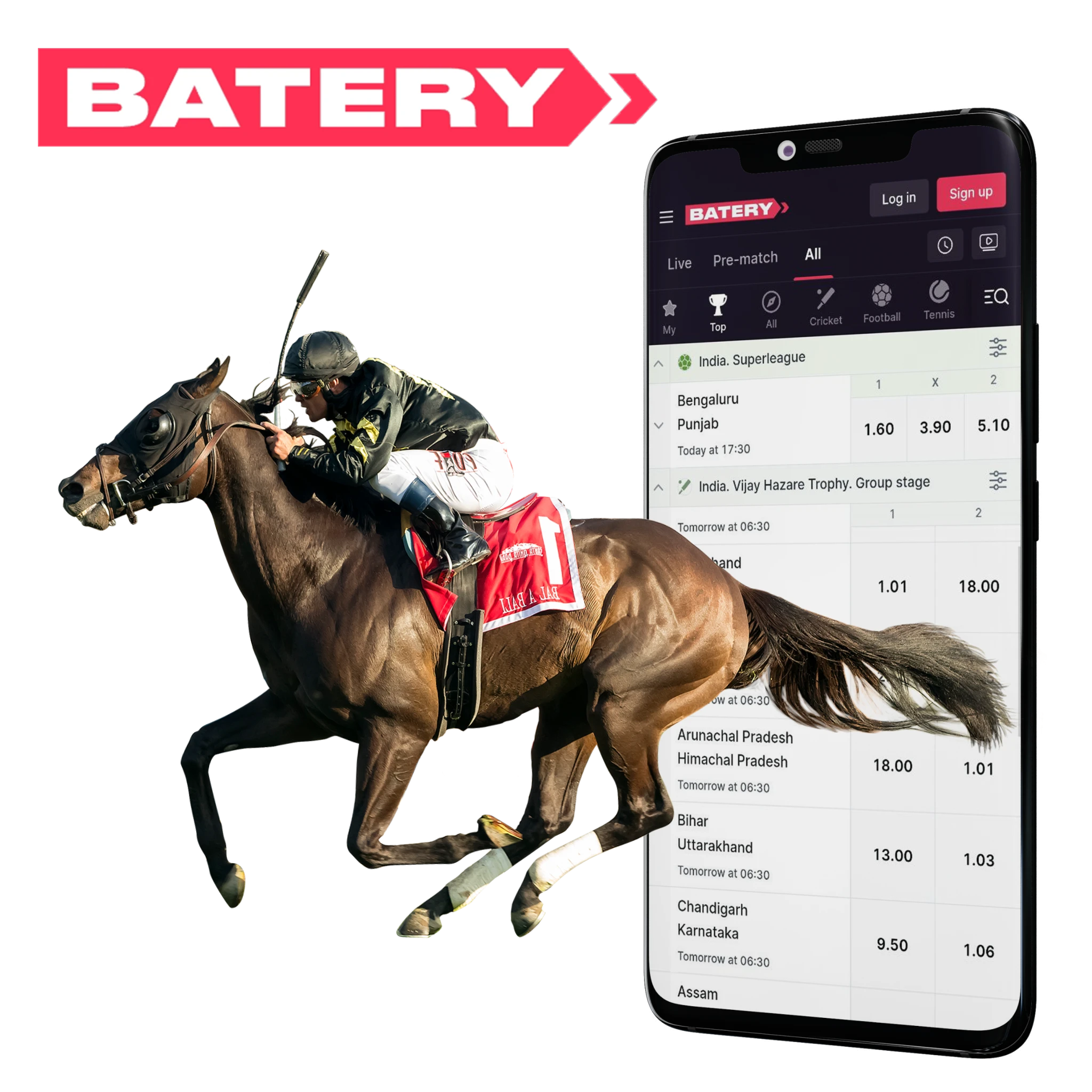 Batery mobile app offers a lot of horse racing events to bet on.