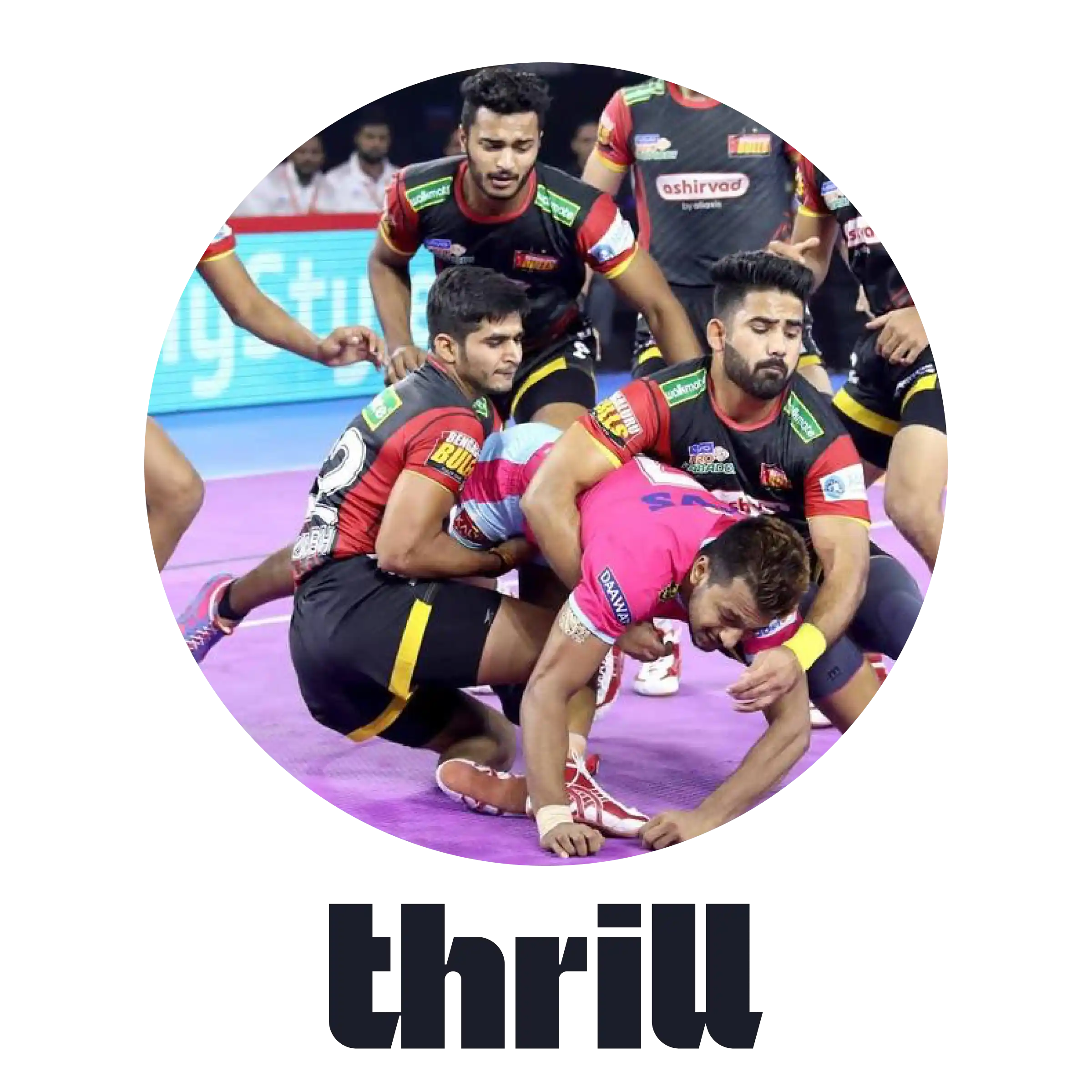 Intense Kabaddi match raid with an overlay logo for Thrill online sports betting.