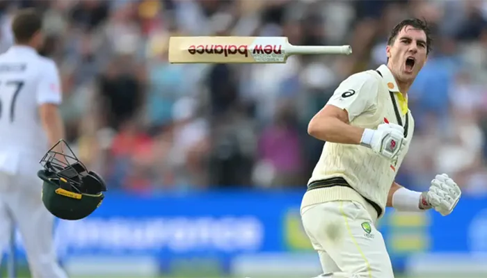 Pat Cummins celebrates after hitting the winning runs against England in the first Ashes Test 2023.