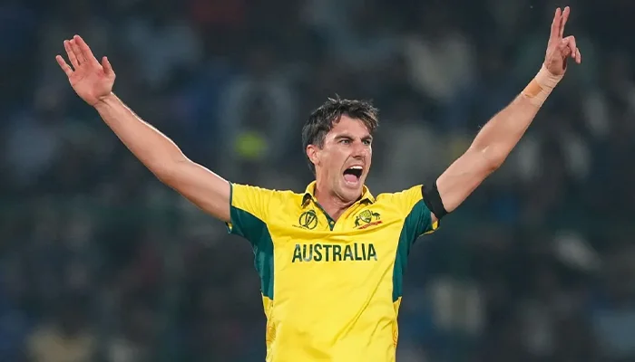 Pat Cummins during a match for the Australian team in ODI World Cup 2023.