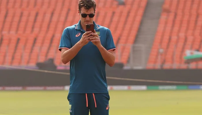 Pat Cummins taking a picture of the pitch before the ODI World Cup 2023 Finals.