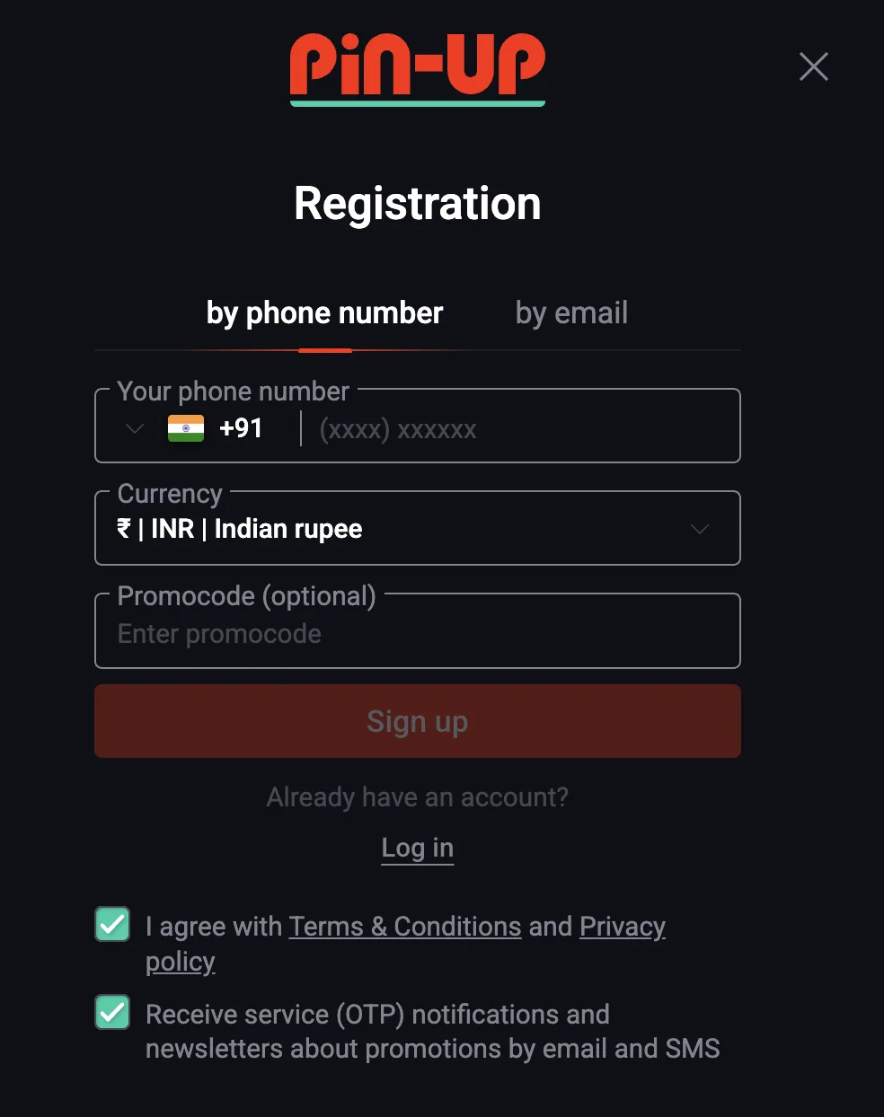 Go through the process of creating a Pin Up account.