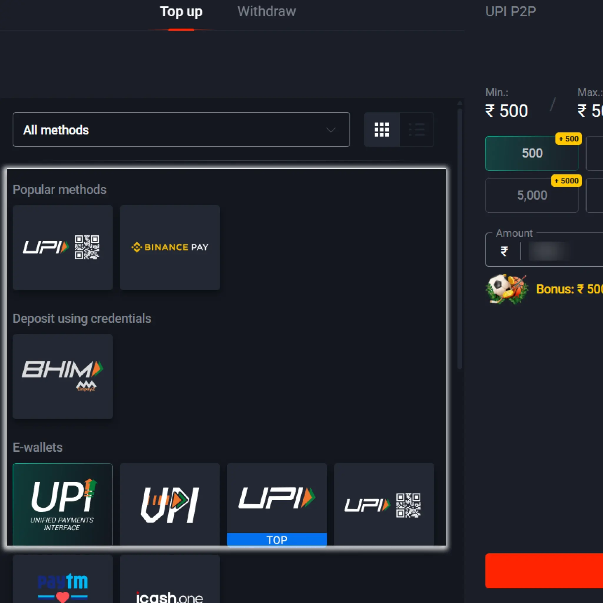 Choose a convenient method for making a deposit at Pin Up.