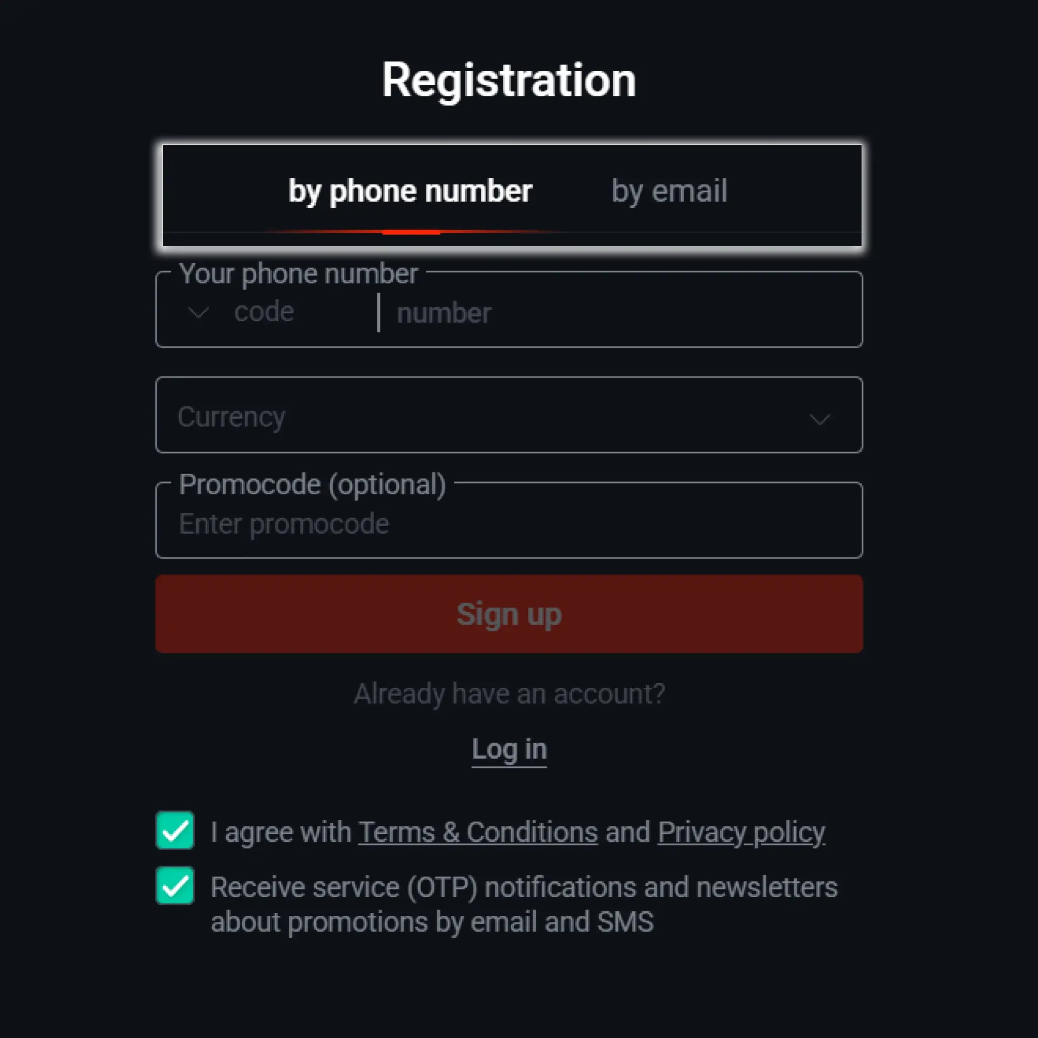 Select a registration method at Pin Up to continue.
