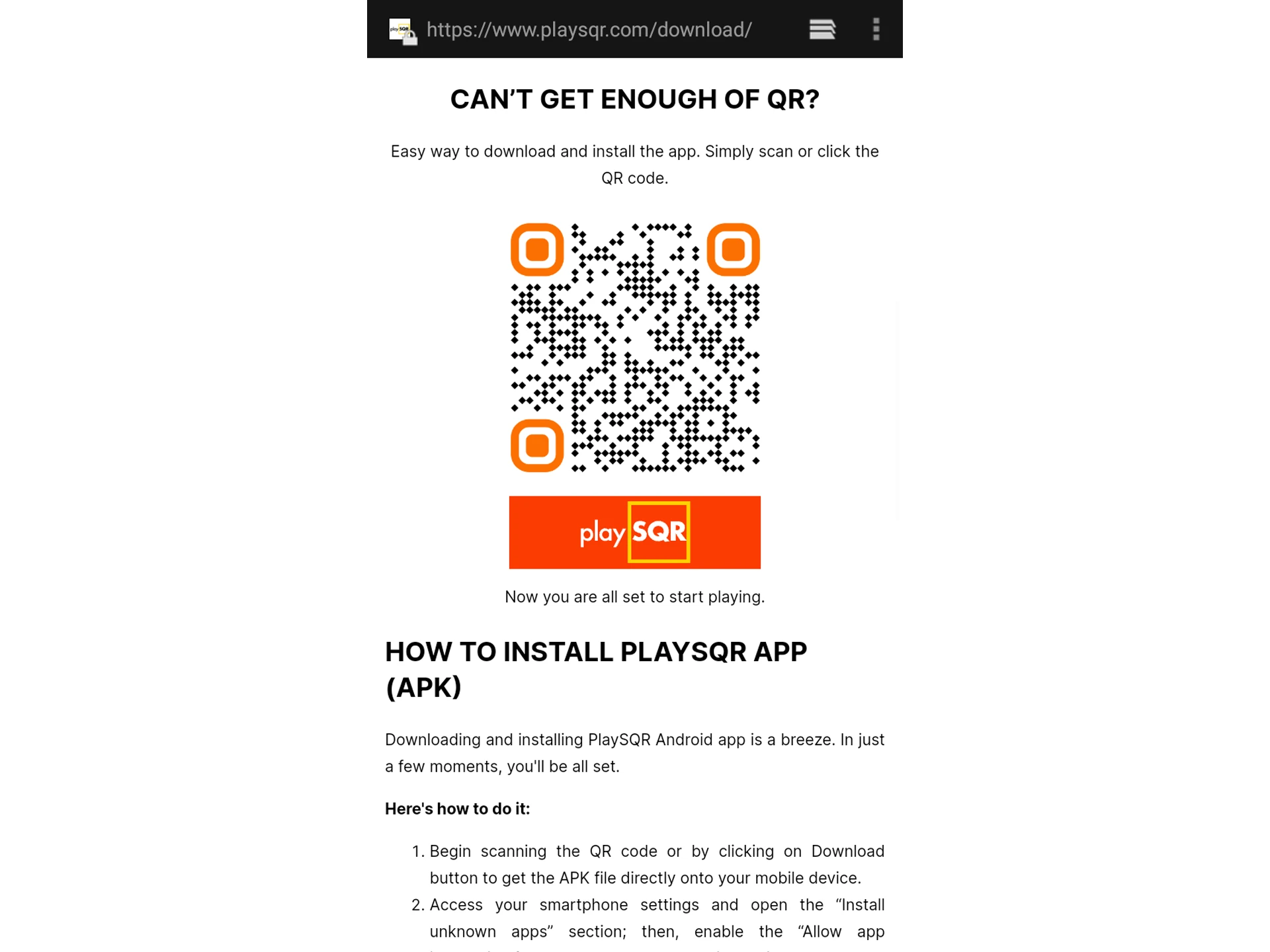 Download the PlaySQR app directly to your Android device.