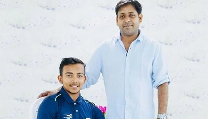 Prithvi Shaw with his dad, Pankaj Shaw.