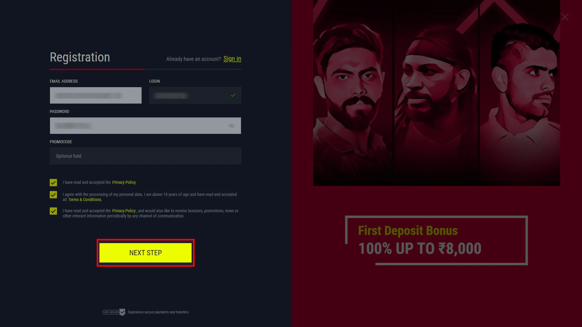 Complete the form and create an account on the Rabona website.