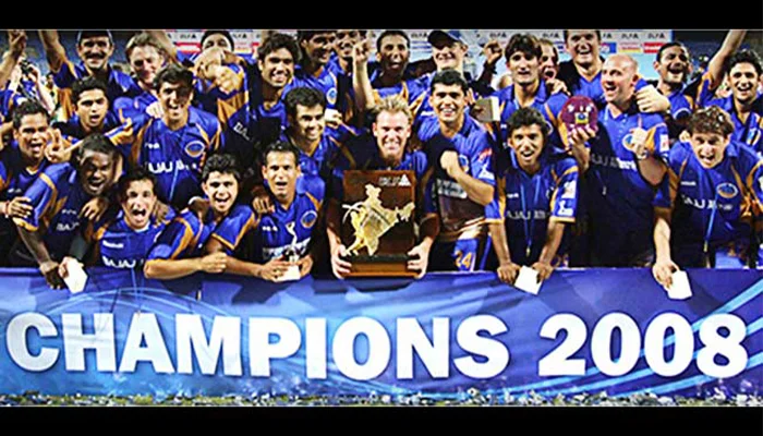 Rajasthan Royals celebrating after winning the IPL trophy in 2008.