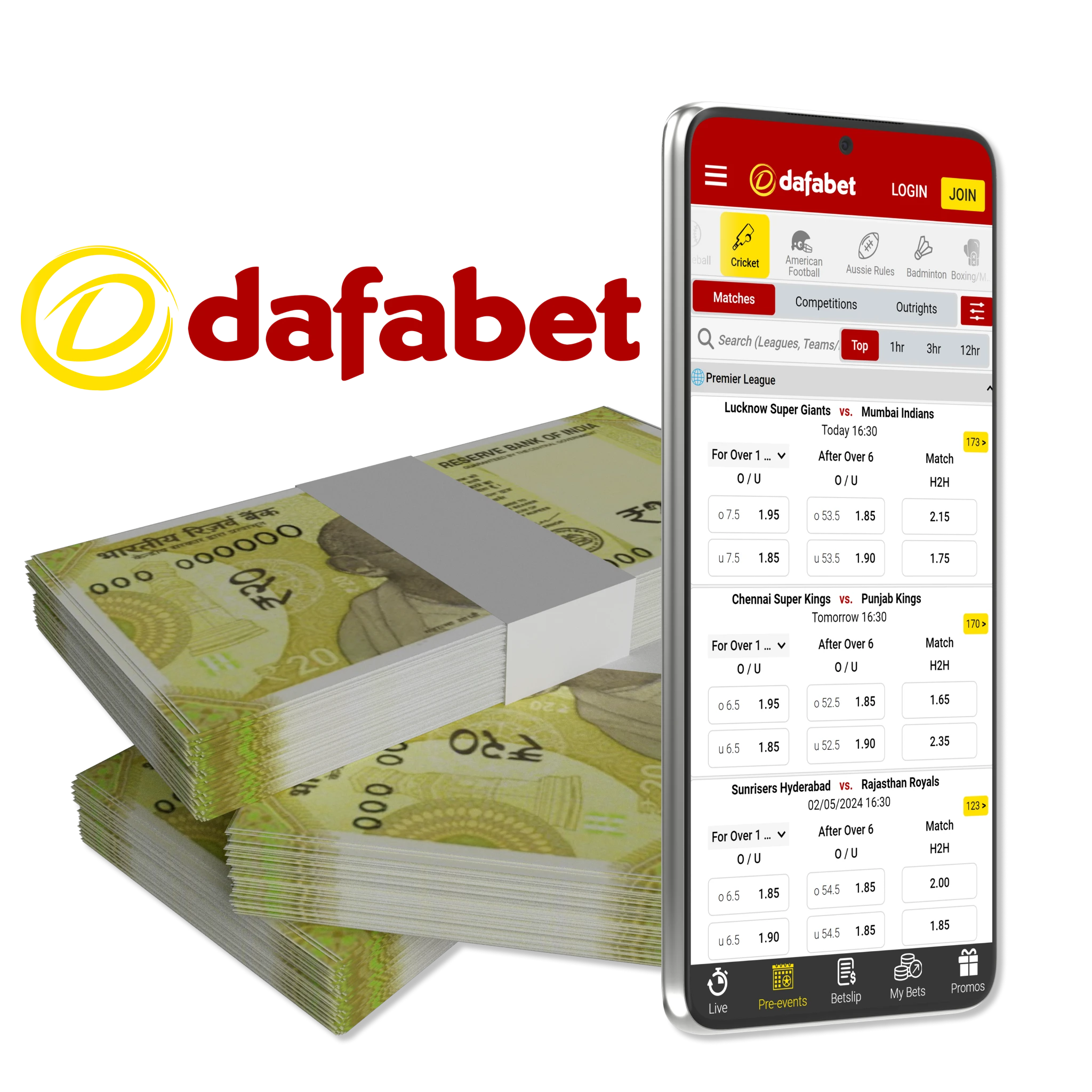 The Dafabet app is free and offers a complete set of features to bet on cricket daily at the most favorable conditions. 