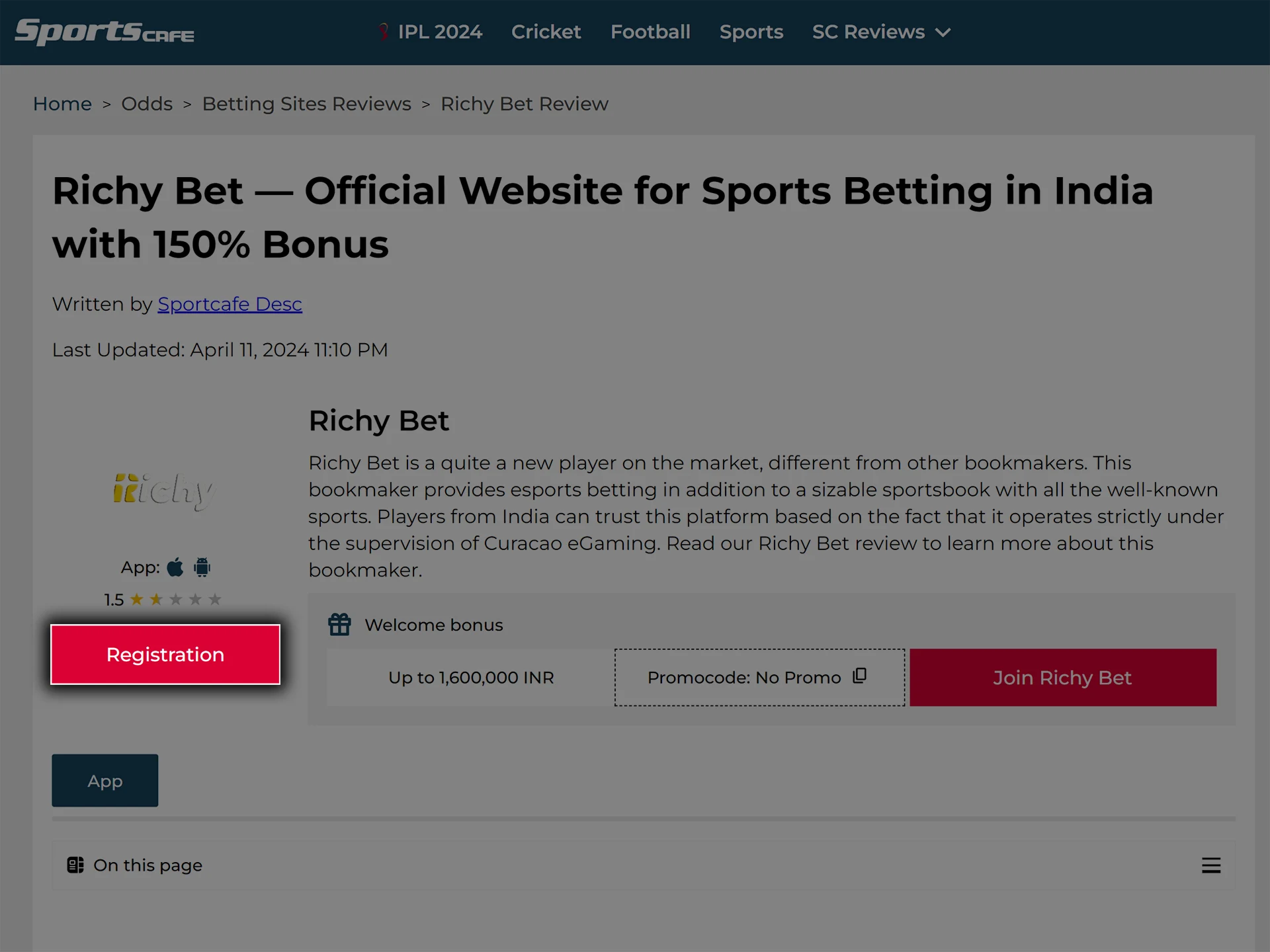 Use the link to open the Richy Bet website.