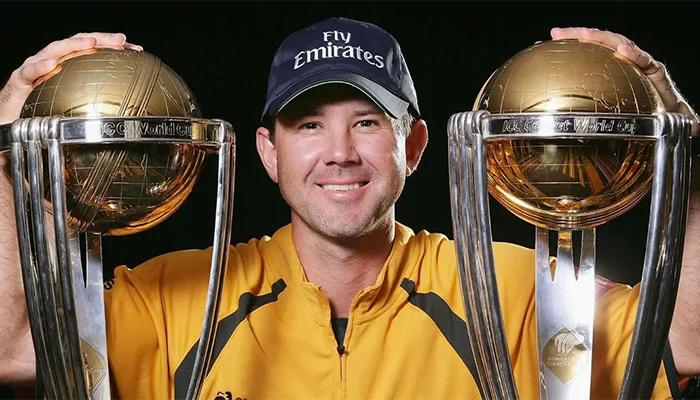 Ricky Ponting with the 2 ODI World Cups that Australia won under his captaincy.