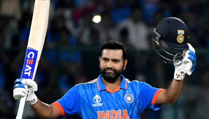 Rohit Sharma after scoring a century in the 2023 ODI World Cup.