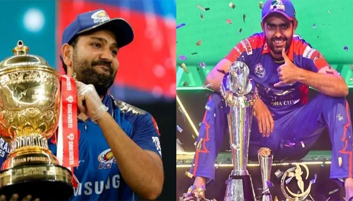 Rohit Sharma and Babar Azam with the IPL and PSL Trophies respectively.